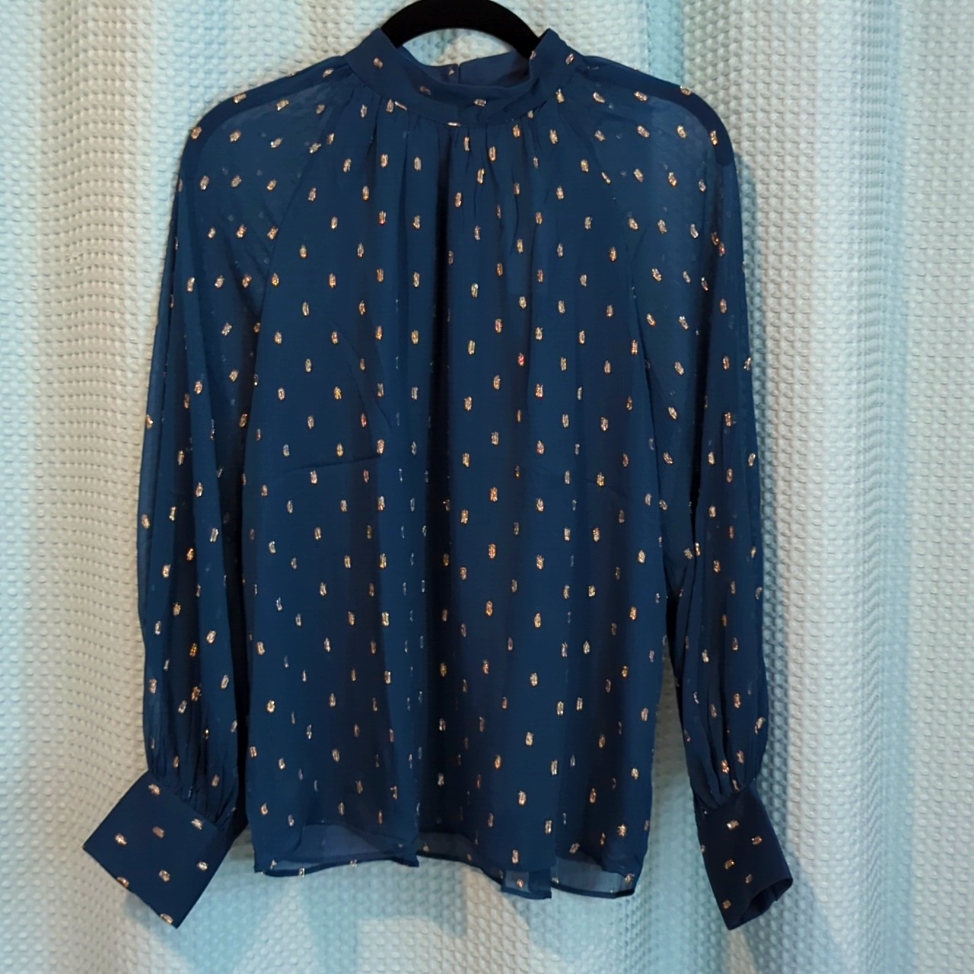 Nwt Sz Small Petite Ann Taylor Teal & Metallic Gold Long Sleeve Blouse
